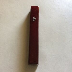 Maroon Metal Enamel Mezuzah With the Hebrew letter ש‎ (Shin)